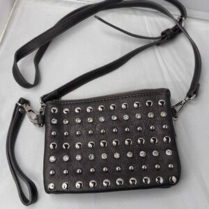 Silver/Grey leather studded clutch bag with silver zipper and silver studs